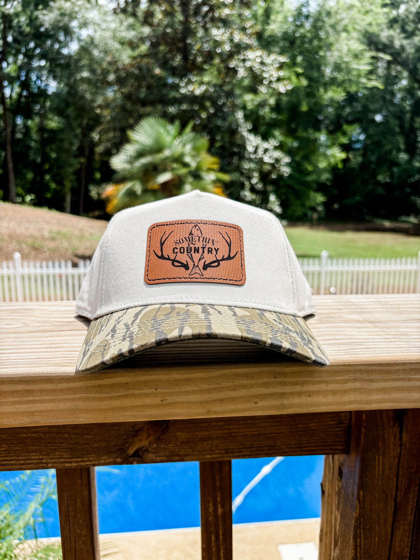 Somethin' Country Leather Patch Hat - khaki bottomland