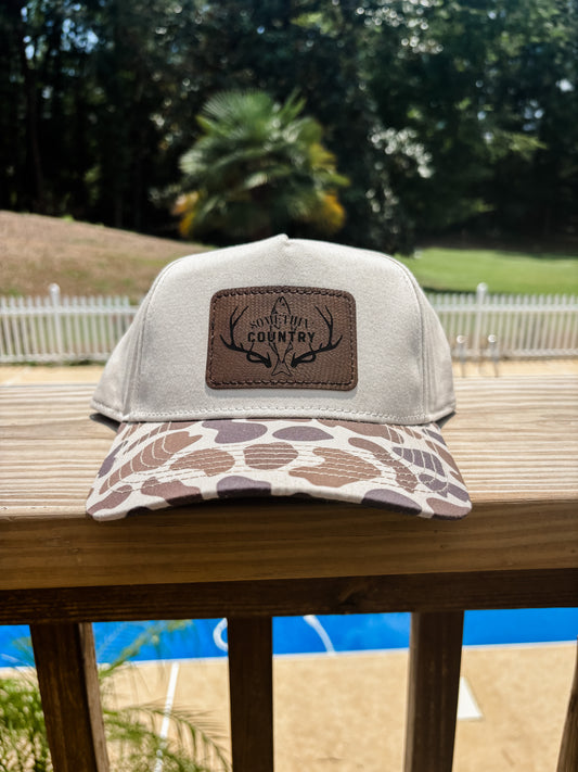 Somethin' Country Leather Patch Hat - khaki with brown camo