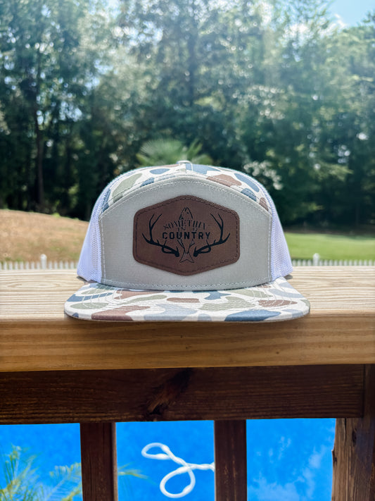 Somethin' Country Leather Patch Hat - 7 panel brown and blue camo